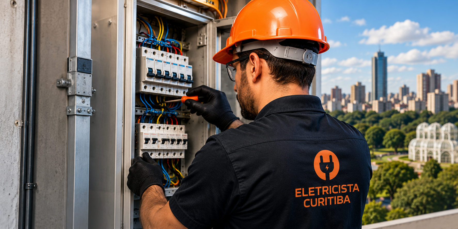 Imagem ilustrativa de eletricista trabalhando em quadro de distribuição elétrica com disjuntores
