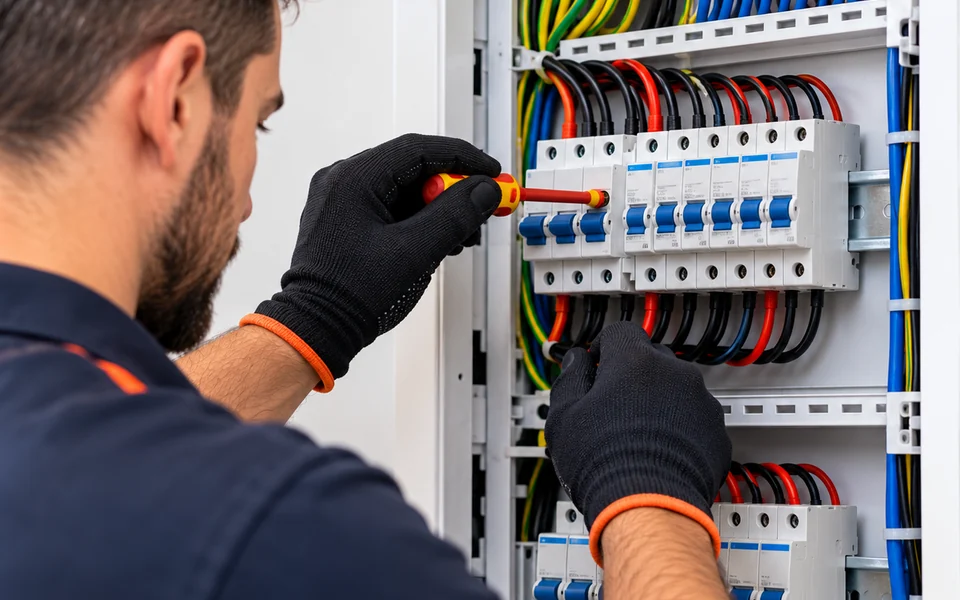 Eletricista realizando avaliação e manutenção de quadro elétrico